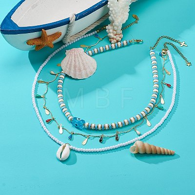 3Pcs 3 Style Natural Cowrie Shell & Enamel Teardrop Pendant Necklaces Set NJEW-JN04035-1
