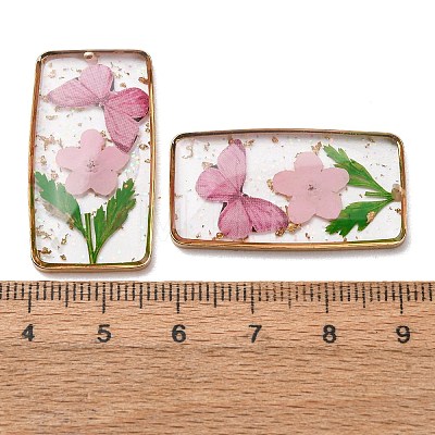 Brass & Transparent Epoxy Resin & Dried Flower Pendants RESI-G133-01G-03-1