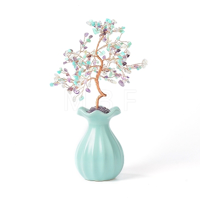 Natural & Synthetic Gemstone Chips with Brass Wrapped Wire Money Tree on Ceramic Vase Display Decorations DJEW-B007-01C-1