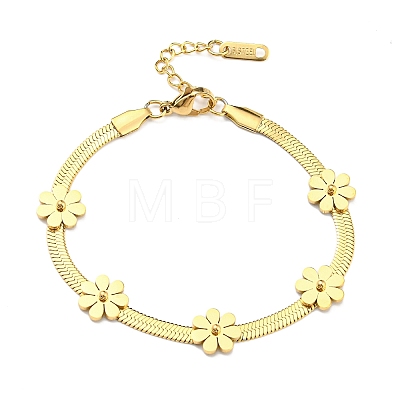 Vacuum Plating 304 Stainless Steel Flower Link Bracelet with Herringbone Chains for Girl Women BJEW-Z016-02G-1