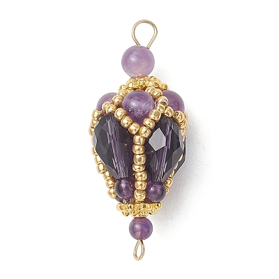 Bohemian Natural Amethyst Round with Glass Beaded Teardrop Links Connector Charms PALLOY-MZ01227-02-1