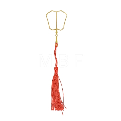 Chinese Ancient Palm Leaf Fan Shape Brass Wire Wrap Metal Bookmark with Tassel for Book Lover AJEW-WH0034-48-1
