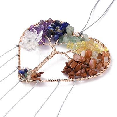 Brass Wire Wrapped Chakra Natural Gemstone Chips Hanging Ornaments AJEW-B028-01G-03-1