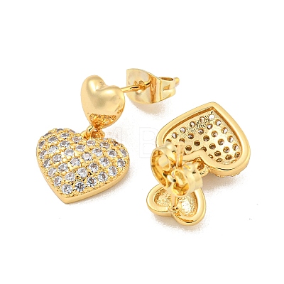 Heart Brass Pave Clear Cubic Zirconia Dangle Earrings EJEW-M258-35G-1