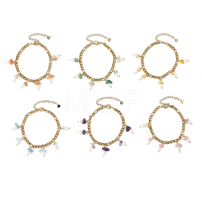 Natural Gemstone Chip and Shell Pearl Beads Tassel 304 Stainless Steel Figaro Chain Bracelets BJEW-JB14346-1