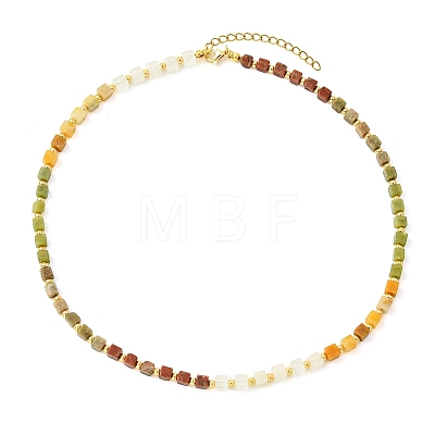 Gradient Natural Unakite & Quartz Crystal & Chinese Southern Jade & Yellow Aventurine & Sesame Jasper Cube Beaded Necklaces with Brass Round Beads NJEW-JN06612-1