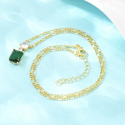 Brass Pave Clear Cubic Zirconia & Green Glass Perfume Bottle Pendant Figaro Chain Necklaces for Women NJEW-F364-02G-1