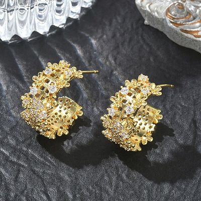 C-Shaped Brass & Clear Cubic Zirconia Stud Earrings KK-CBA36A2-02G-1
