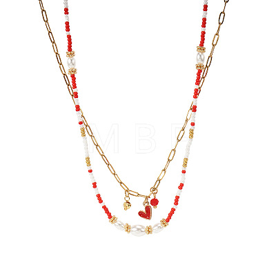Brass Enamel Red Heart Pendant Double Layer Necklaces XJ8967-3-1