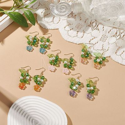 5 Pairs 5 Color Acrylic & Glass Pearl Flower of Life Dangle Earrings EJEW-JE05098-1