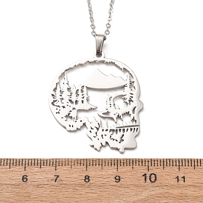 Halloween 304 Stainless Steel Hollow Tree Skull Pendant Cable Chain Necklaces for Men Women NJEW-K308-10P-1