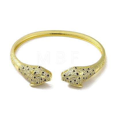 Brass Pave Clear & Green Cubic Zirconia Leopard Open Cuff Bangle for Women BJEW-K246-20G-G-1