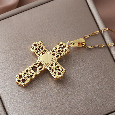 Vintage 304 Stainless Steel Pave Clear Cubic Zirconia Religion Filigree Cross Pendant Necklaces NA2735-1