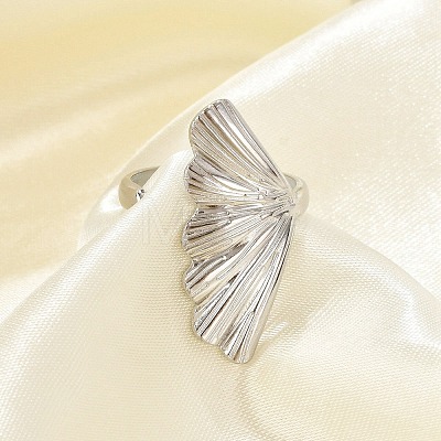 Leaf 304 Stainless Steel Open Cuff Rings for Women RJEW-G338-06P-1