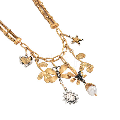 Alloy & Imitation Pearl Sun Butterfly Flower Pendant Bib Necklaces for Women WGA5C74-01-1
