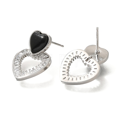 Brass Cubic Zirconia & Black Agate Stud Earrings EJEW-M048-03P-1