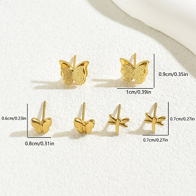 3 Pairs Fashionable 201 Stainless Steel Butterfly & Dragonfly Stud Earrings VU6612-1