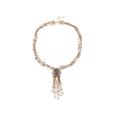 Alloy Rose Flower Multi-Strand Necklaces with Imitation Pearl Teardrop Tassel for Women WG55FA1-01-1