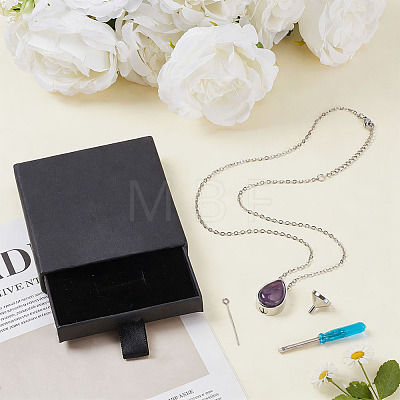 Natural Amethyst Teardrop Urn Ashes Pendant 304 Stainless Steel Cable Chain Necklaces NJEW-OC0001-09C-1