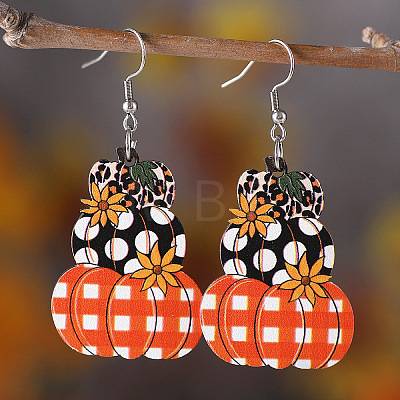 Thanksgiving Day Pumpkin Stainless Steel Wood Dangle Earrings FS-WG285B1-03-1