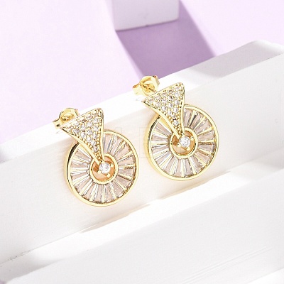 Flat Round Brass Micro Pave Clear Cubic Zirconia Stud Earrings EJEW-D351-11G-1