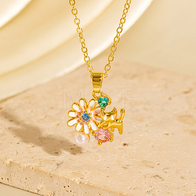 Brass Pave Colorful Cubic Zirconia and Enamel Flower with Cat Shape Pendant Necklaces for Women WGCF164-03-1