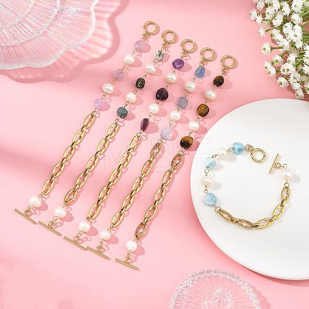 Natural Mixed Gemstone Nuggets and Pearl Beaded Chain Bracelets with 304 Stainless Steel Cross Link Chains and OT Clasps BJEW-JB14436-1
