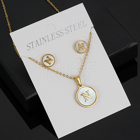 304 Stainless Steel with Natural Shell Pendant Necklaces & Stud Earrings Sets FS-WG5FD70-14-1