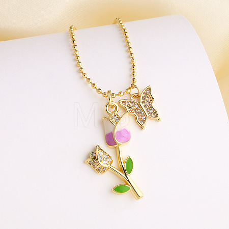 Brass Micro Pave Clear Cubic Zirconia with Enamel Butterfly Rose Flower Pendant Necklaces for Women FS-WG8C866-05-1