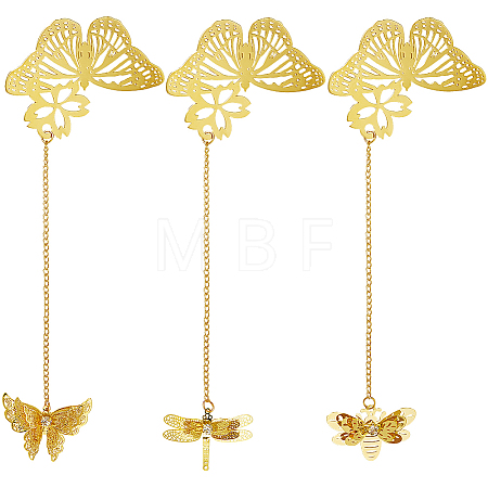 3Pcs 3 Styles Butterfly & Butterfly & Dragonfly Filigree Brass Bookmark with Chains AJEW-SC0002-93G-1