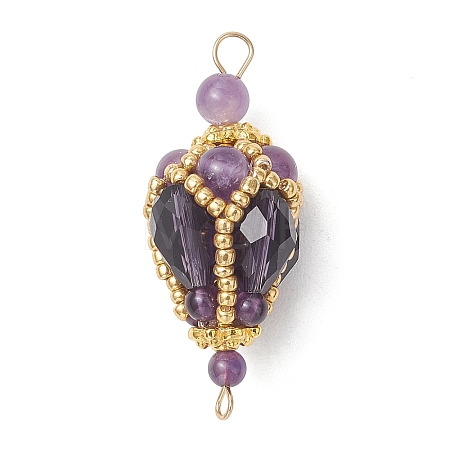Bohemian Natural Amethyst Round with Glass Beaded Teardrop Links Connector Charms PALLOY-MZ01227-02-1