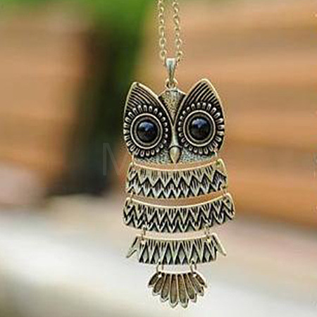 Owl Alloy & Black Resin Pendant Long Necklaces for Women FS-WG1E563-02-1