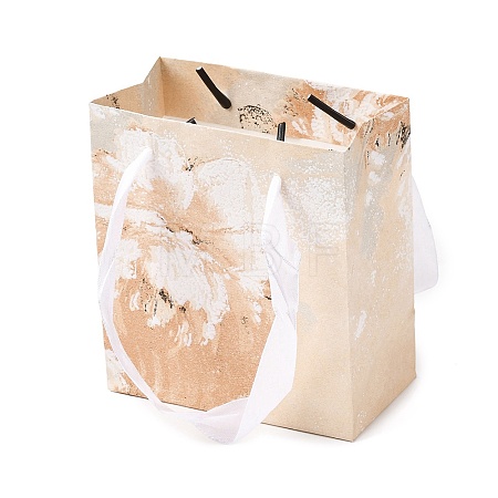 Flower Oil Painting Print Rectangle Paper Gift Storage Bags with Ribbon Handles ABAG-A011-01G-1
