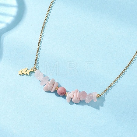 Natural Rhodochrosite & Pink Opal & Rose Quartz Chip and Round Beaded Pendant 304 Stainless Steel Cable Chain Necklaces for Women NJEW-JN05741-02-1