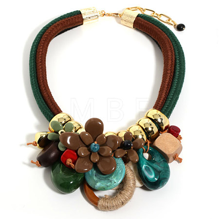 Flower Butterfly Ring Acrylic & Wood Pendant 2-Strand Cotton Cord Bib Necklaces for Women FS-WG99BBE-02-1