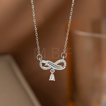 Brass Pave Clear Cubic Zirconia Infinity with Teardrop Tassel Pendant 304 Stainless Steel Cable Chain Necklaces for Women WG236C9-02-1
