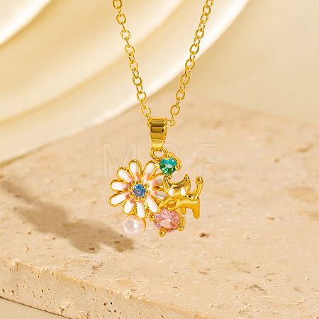Brass Pave Colorful Cubic Zirconia and Enamel Flower with Cat Shape Pendant Necklaces for Women WGCF164-03-1