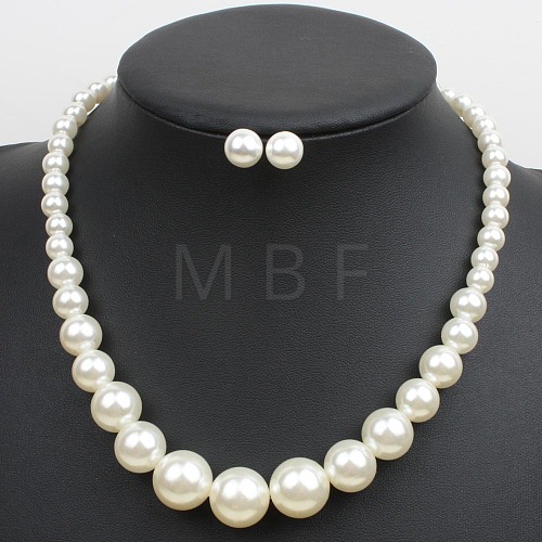 Alloy with ABS Plastic Pearl Round Beaded Necklaces & Stud Earrings Sets for Women WG13E8D-03-1