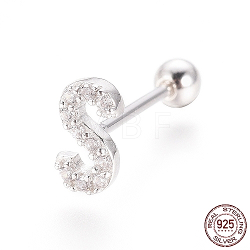 Rhodium Plated 925 Sterling Silver Micro Pave Clear Cubic Zirconia Letter Barbell Cartilage Earrings STER-I018-13P-S-1