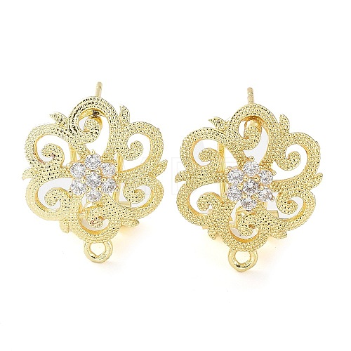 Flower Brass Micro Pave Cubic Zirconia Stud Earrings Finding KK-E083-20G-1