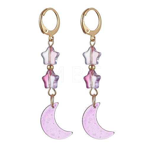 Moon & Star Glass Dangle Leverback Earrings with 304 Stainless Steel Pins EJEW-JE05605-03-1
