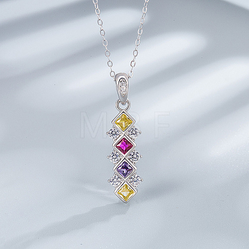 Rhombus 925 Sterling Silver Pave Colourful Cubic Zirconia Pendant Necklaces for Women WGF0FD8-01-1