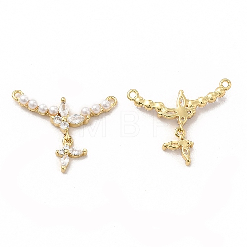 Rack Plating Brass Pave Clear Cubic Zirconia with Plastic Imitation Pearl Connector Charms KK-G456-02G-1