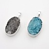 Mixed Color Brass Natural Druzy Agate Oval Pendants G-A136-B07S-1
