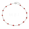 304 Stainless Steel Glass Flat Round Link Chain Necklaces with Shell Pearl for Women NJEW-JN06160-3