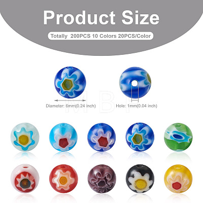 Yilisi 200Pcs 10 Colors Round Millefiori Glass Beads LK-YS0001-01-1