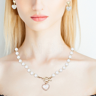 ABS Plastic Pearl Heart Pendant Necklace with Beaded Chains & Dangle Stud Earrings SJEW-AN0001-18-1