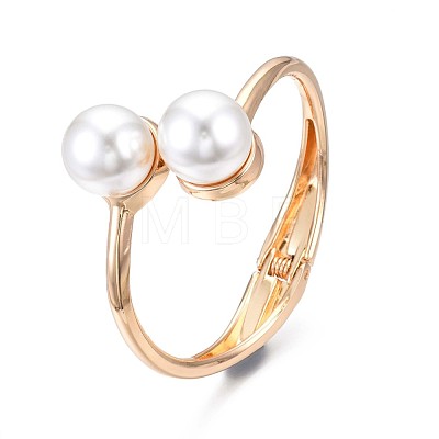ABS Plastic Pearl Round Beaded Open Cuff Bangle BJEW-S118-106G-1