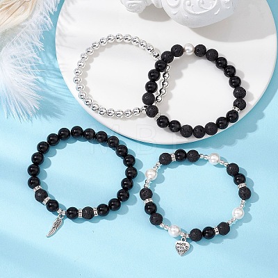 Natural Obsidian and Natural Lava Rock Bracelets Set for Women Men BJEW-JB11097-1