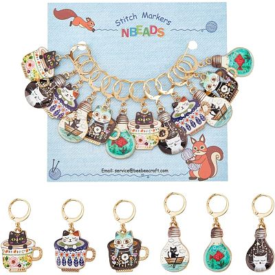 12Pcs 6 Colors Alloy Enamel Cat Charm Locking Stitch Markers HJEW-PH01531-1